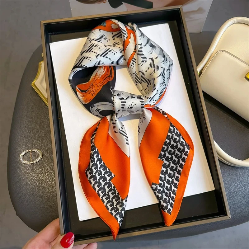 Horse Printing Silk Scarf Hijab Women Luxury Design Square Scarf Girl Ribbon Hairband Neckerchief Foulard Hair Band 70*70cm