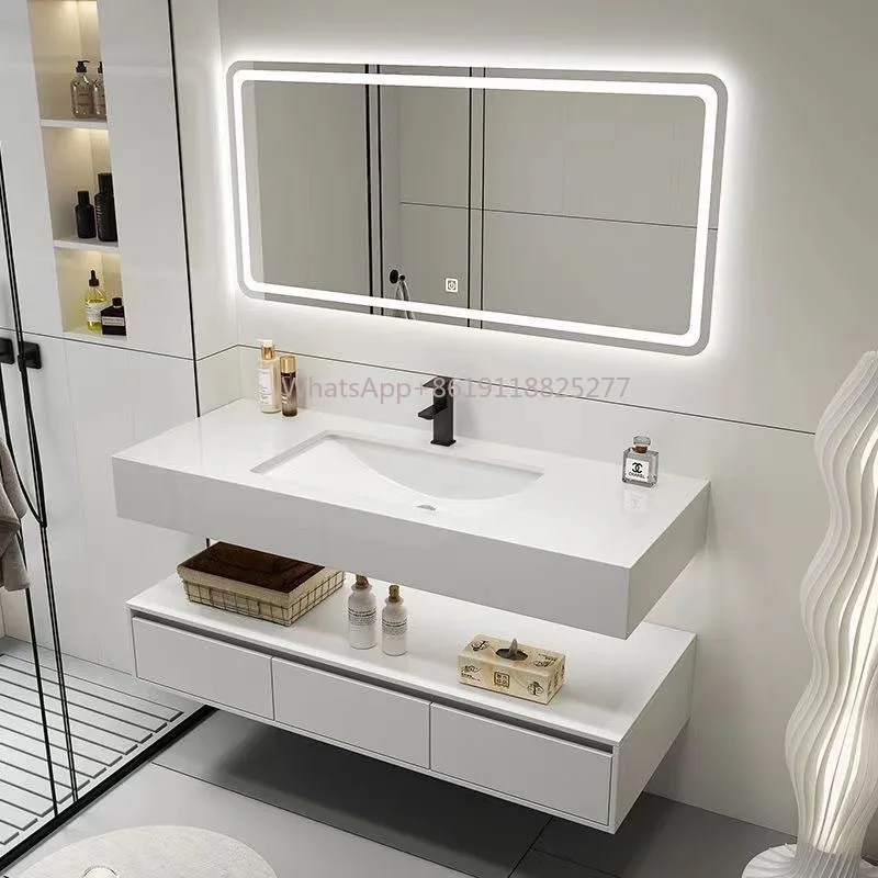 Kabinet kamar mandi vanity, meja tulis desain cerdas kayu polos sederhana mewah untuk kamar mandi master