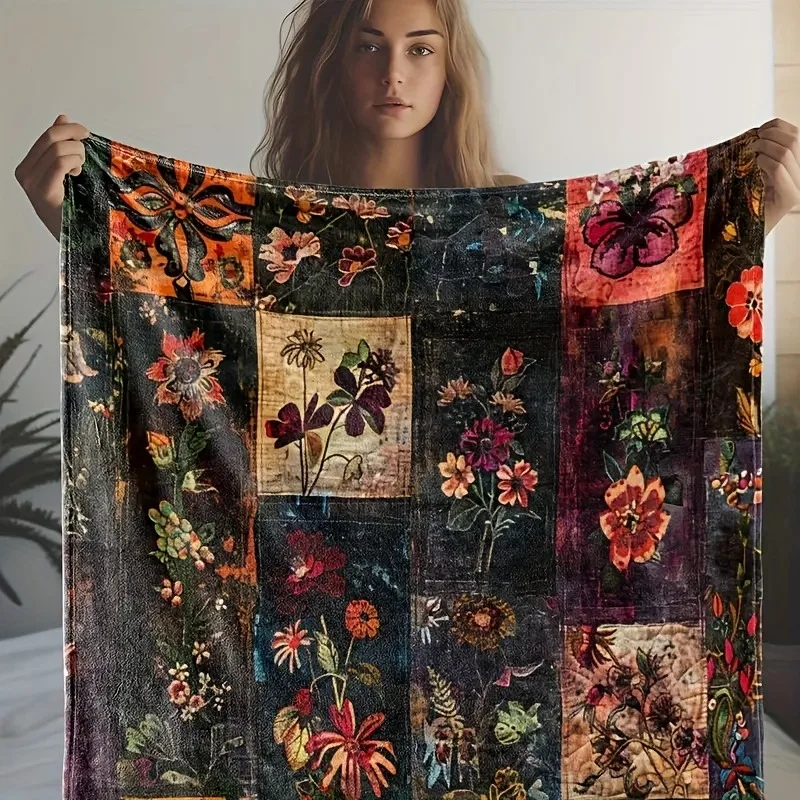 JIT 1 pc Boho Floral Collage Flannel Blanket 2D Flat Print Eclectic Home Decor Bedroom Throw Vintage-Inspired Unique Comfortable
