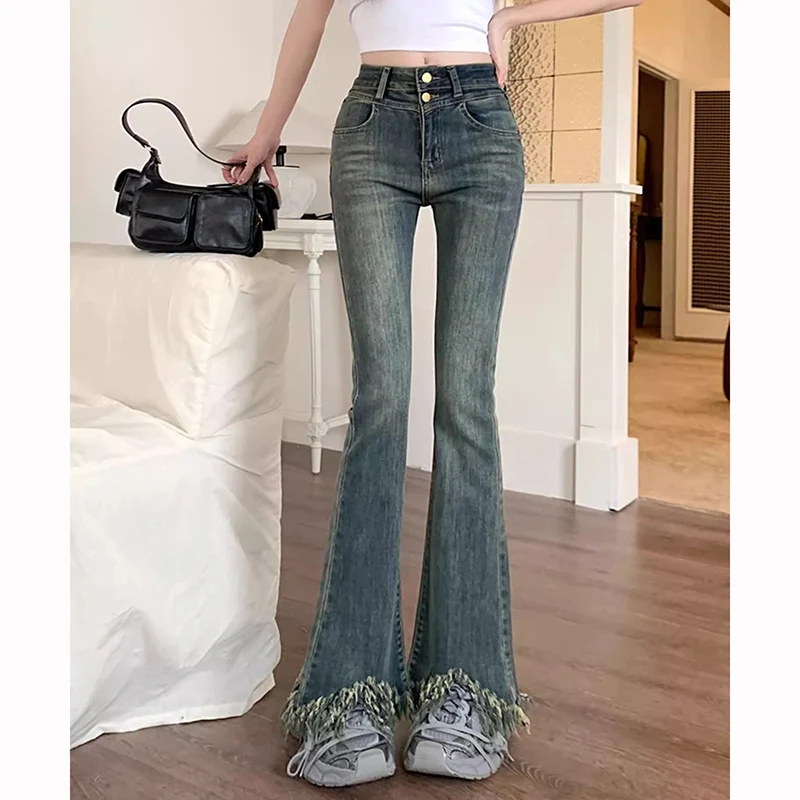 Damen Chic Zerrissene Designer High-Waist Schlagjeans Mädchen Y2k Retro Mode Dünne Hosen Weibliche Koreanische Lässige Denim-Hosen
