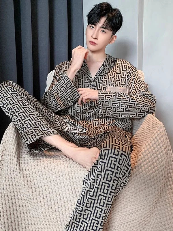 DAIMELU Spring and summer men's pajamas male ice silk long-sleeved loungewear set plus size sleepwear youth suit boy pyjamas