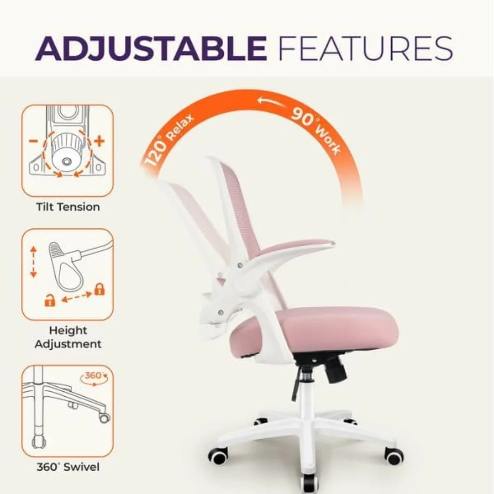 Ergonomic Mesh Office Chair with Lumbar Support, Adjustable Height & Flip-up Arms, Swivel Rolling Wheels, Pink view 6