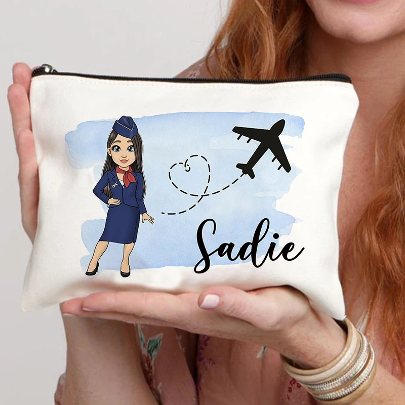 Flight Attendant Personalized Name Canvas Cosmetic Bag Zipper Storage Pouch Sundries Perfume Lipstick Bags Customize Flight Gift