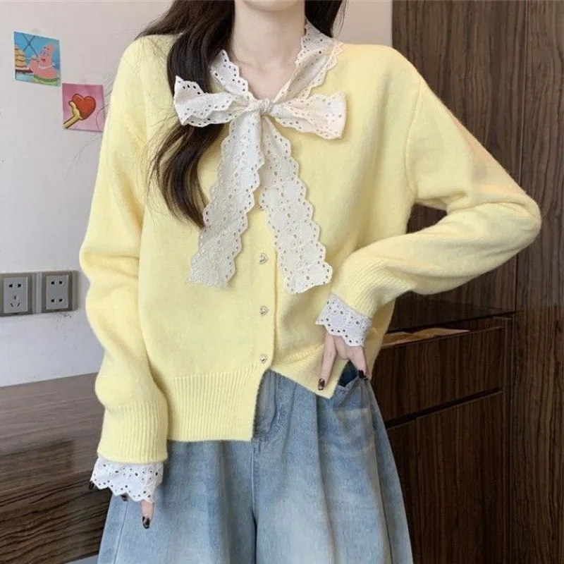 Sweet French Patchwork Vneck Lace Bowknot Women Short Knit Cardigan Long Sleeve Spring Autumn Fashion Top Wear To Work