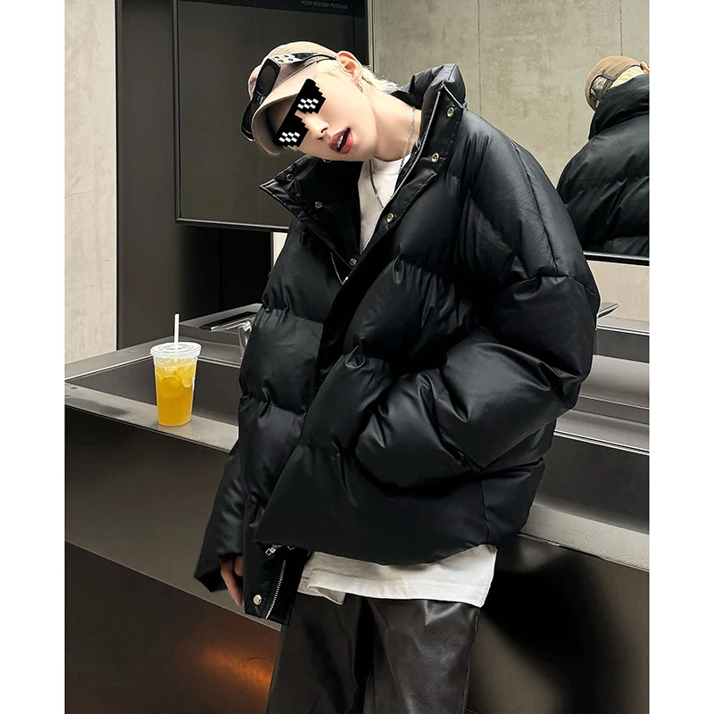 

Bla PU Leather ort Thiened Jaet Stand Collar Warm Du down Outerwear for Men Winter Casual Sle Cleanfit Zipper Clo...