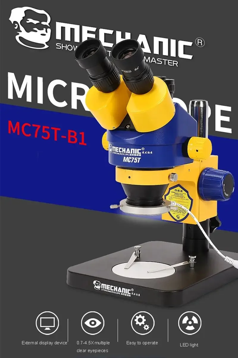 기계식 MC75t-B1 산업용 전자 현미경, 대형 광각 삼안 현미경, HD 카메라, 휴대폰 수리