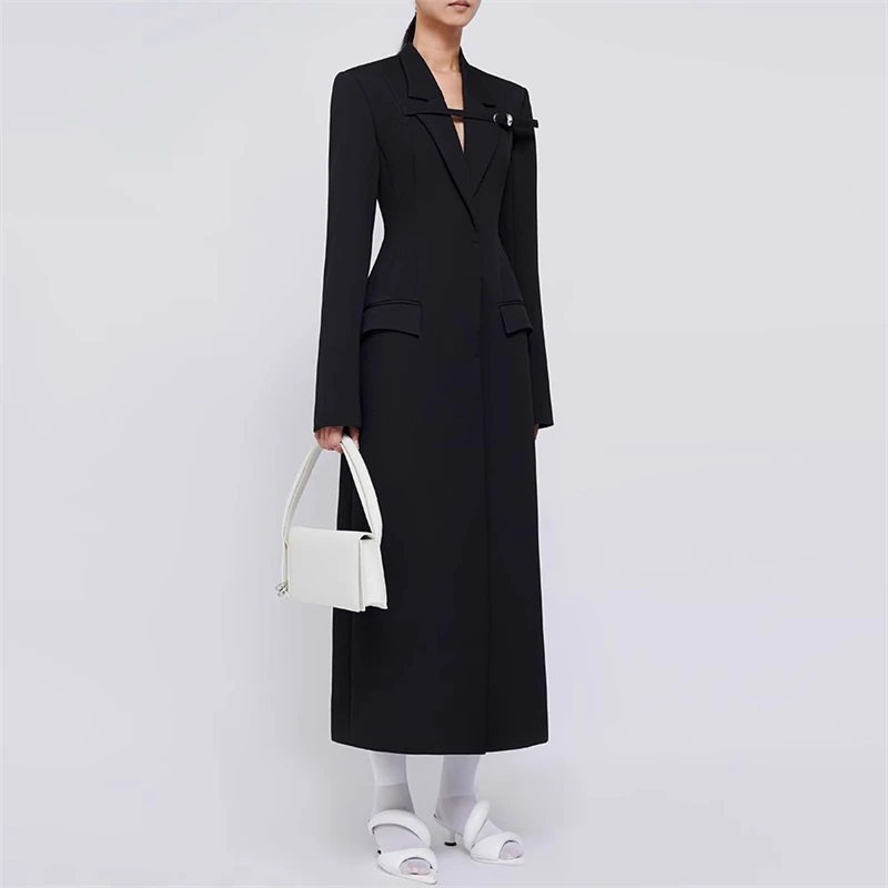 2024FW new women\'s fashion commuter lapel button design long windbreaker y2k high quality simple casual long suit jacket Traf