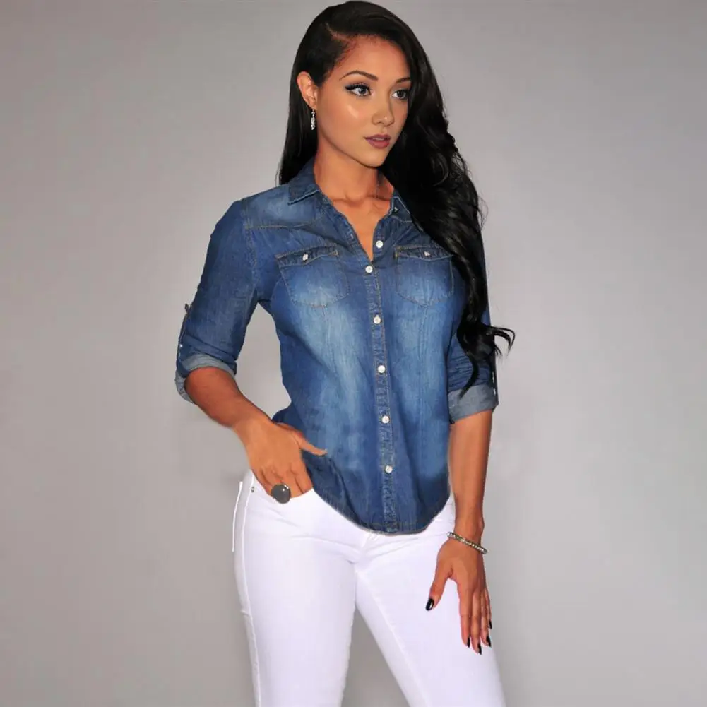 

Women Shirt Lapel Long Sleeve Loose Pure Color Fit Shirt Flap Pockets Buttons Placket Denim Shirt Commuting Style Daily Wear