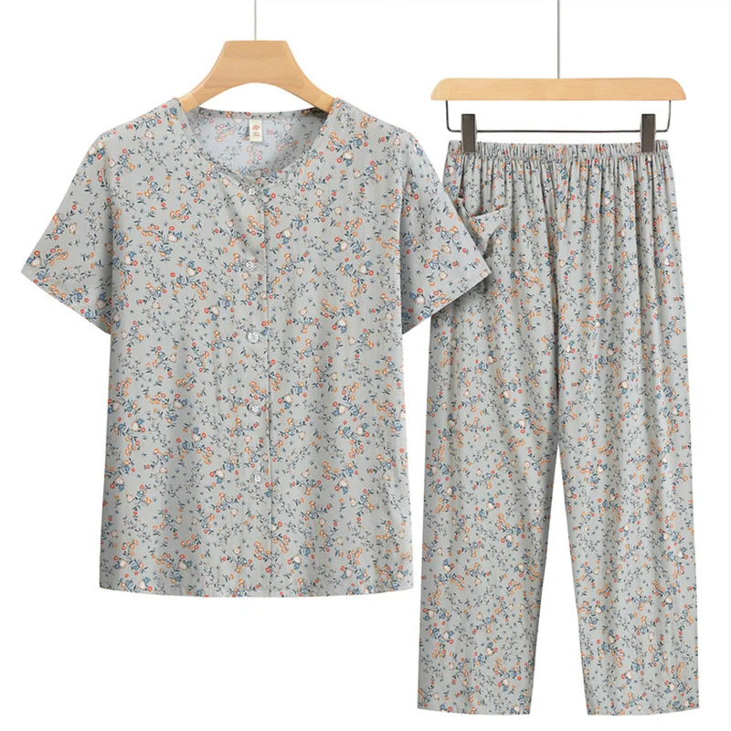 Large Size Women Pajama Set New Printed Short Sleeve Trousers Sets Thin Middle Aged Mother Two Piece Suit Home Clothes 4XL