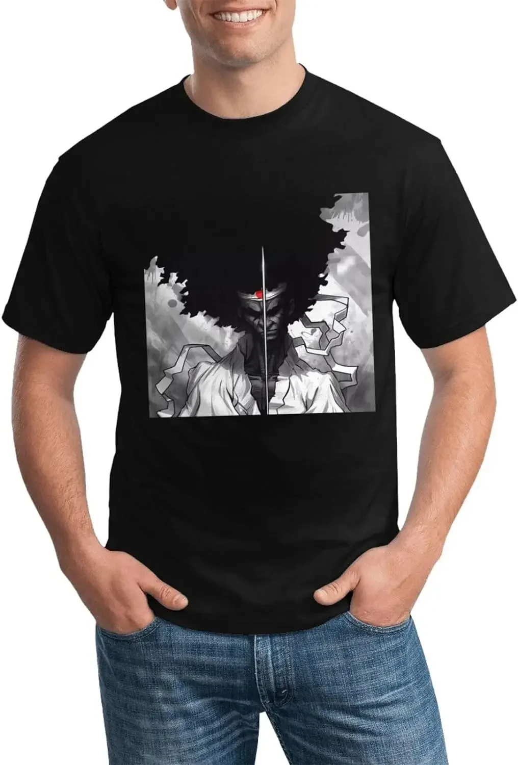 Afro Anime Samurai Shirt Men's Personalised Short Sleeve T Shirt Fashion Graphic Tees Cool Casual Tops Black