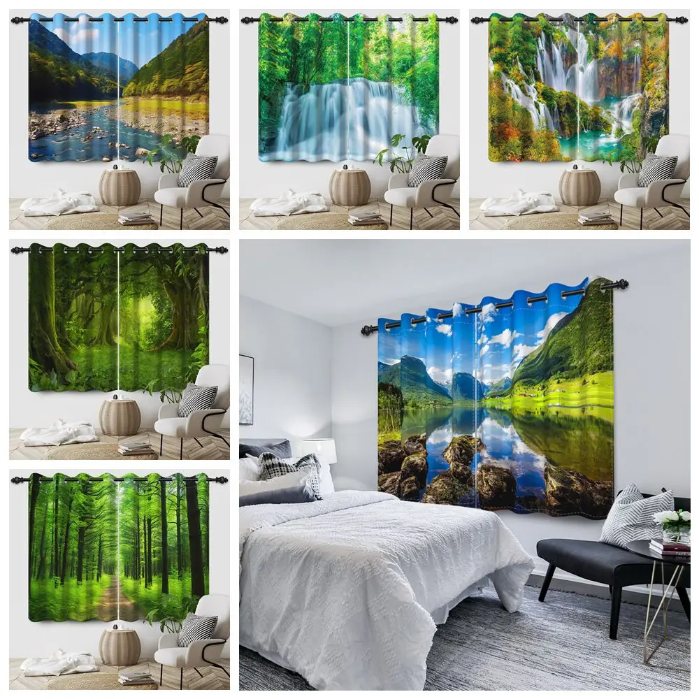 

2Pcs Nature Landscape Window Curtains Mountain River Waterfall Green Forest Home Bedroom Living Room Darkening Blockout Curtain