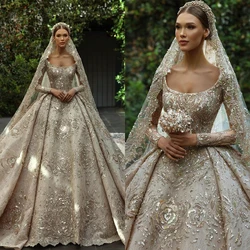 luxury Ivory Wedding Dress Sequins Lace Appliques Cathedral Length Sweep Train Bridal Gowns Vestido De Novia Customized