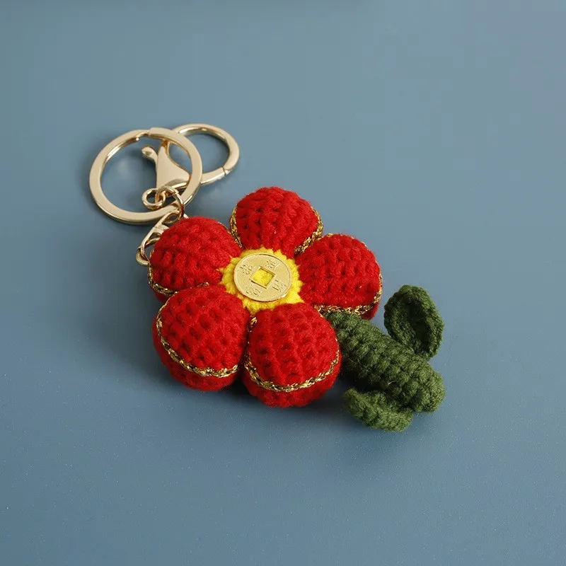 Funny Gold Coin Flower Crochet Keyrings Creative Knitting Colorful Flower Pendant Keychain Cute Floral Knitted Keys Accessories