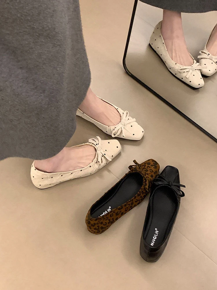 Elevated Heel Polka Dot Single Shoes for Women Spring  Knot Gentle Evening Shoes French Style Ultrafiber Leather