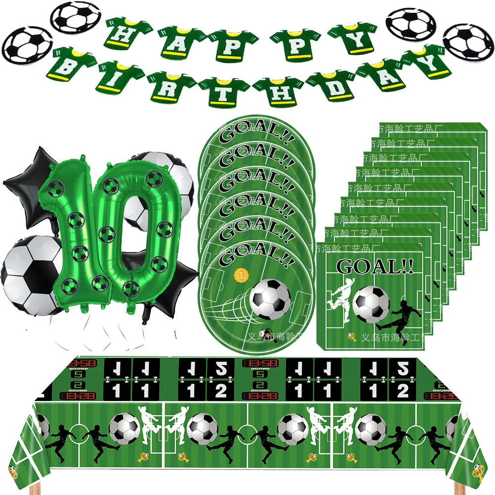 Soccer Party Decoration Supplies Birthday Banner 32inch Green Number Balloon Disposable Paper Plates Napkins Tablelcloth