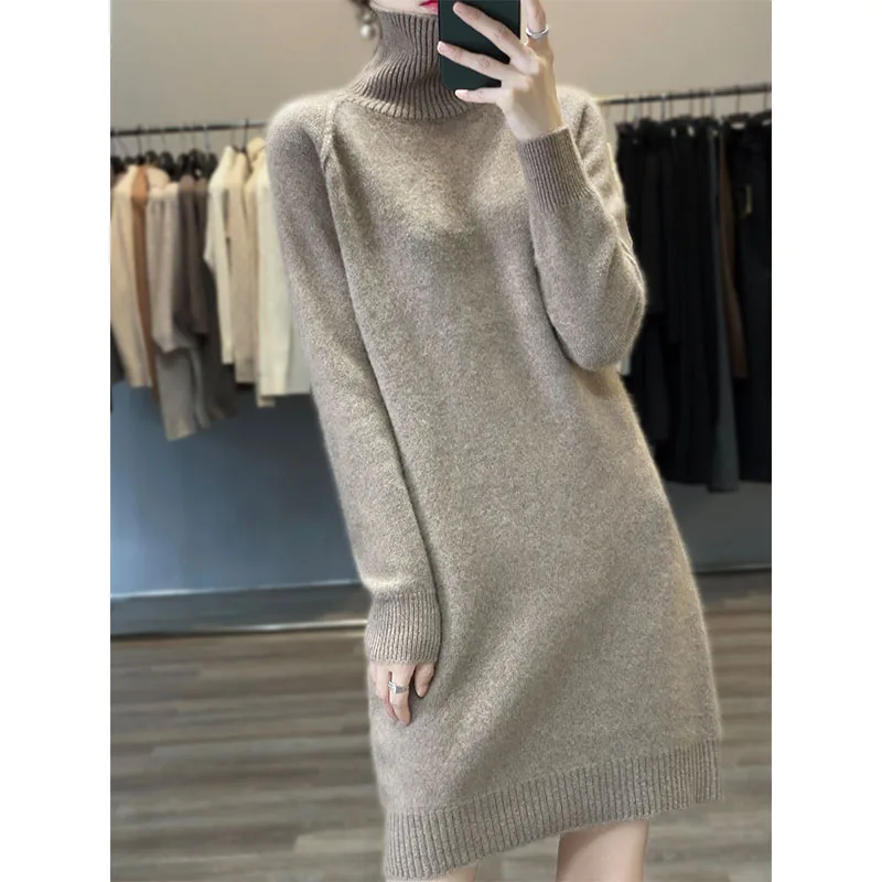 

Женское платье средней длины из 100% мериносовой шерсти, свитер, осень-зима, водолазка, пуловер с длинными рукавами, трикотаж, свободное платье