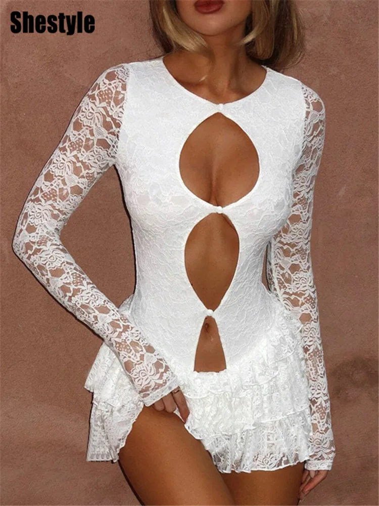 

Shestyle Lace Hollow Out A-Line Mini Dress for Women Round Neck Ruffles Sexy Spring 2024 New Style Outfits Fashion Party Hot