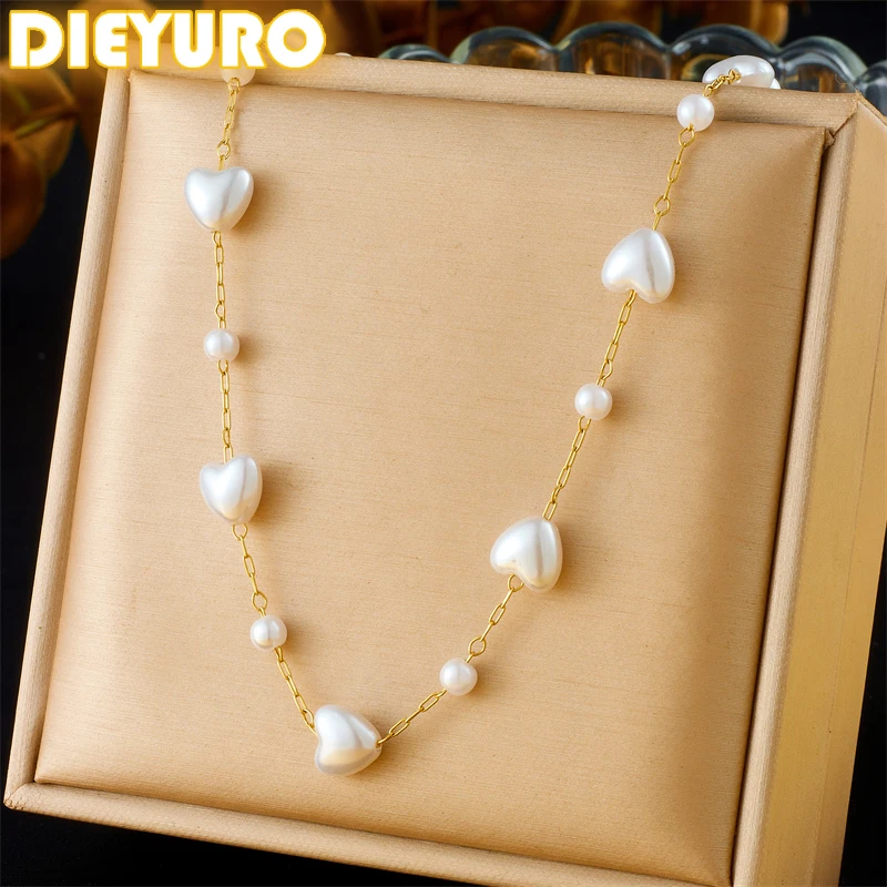 DIEYURO 316L Stainless Steel Simple Stylish Heart-shaped Pearl Bead Necklace For Women New Trend Love Neck Chain Jewelry Gift