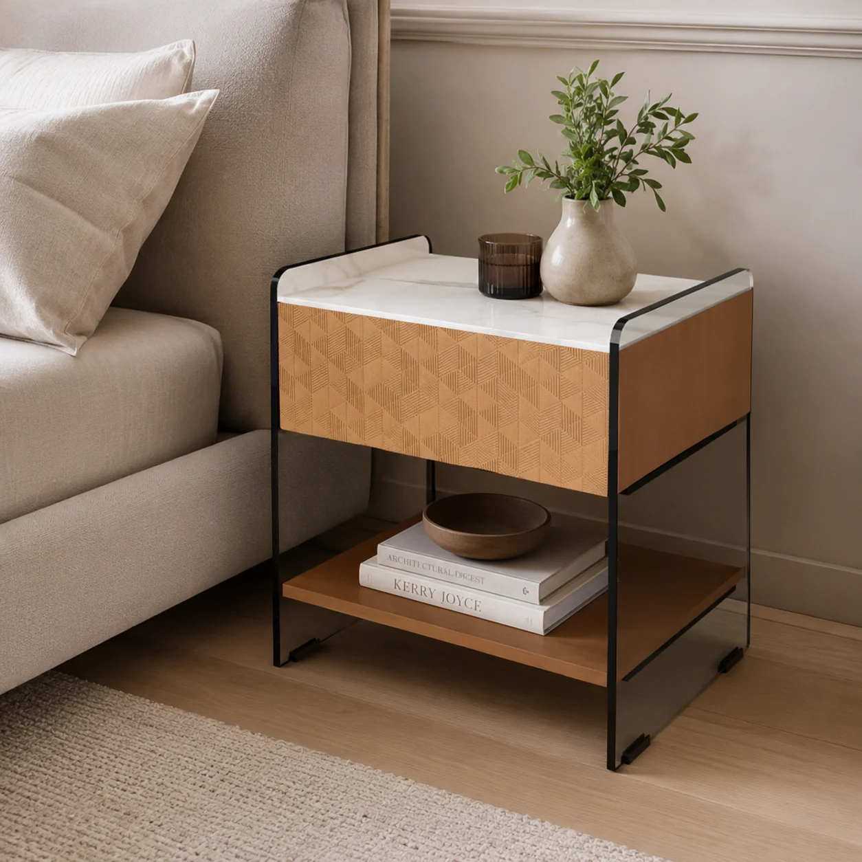 #Modern Conch Orange Light Gray E1 Board Smart Charging Nightstand Bedside Table Storage Cabinet Bedroom Wholesale