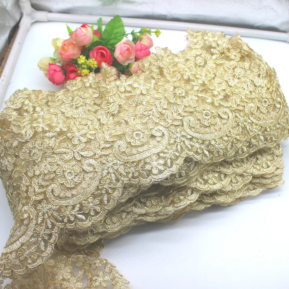 1 Yard Gold Embroidery Lace Appliqued Champagne Gold Lace Trims Light Tulle Lace Fabric Scalloped Bridal Sashes 23-31CM
