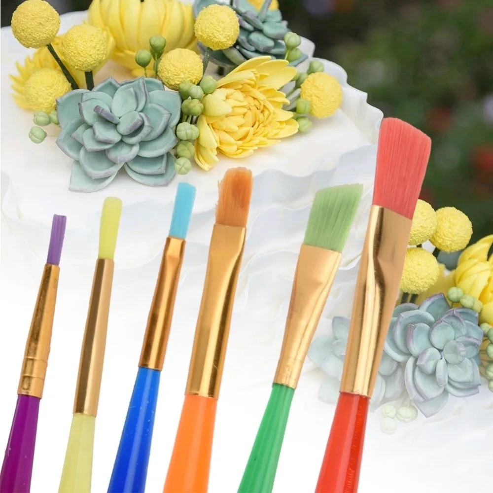 6PCS Nylon Bristles Cake Decorating Pen Easy to Clean Soft Cake Brush Set Colorful Metal Ferrules Sugar Craft Pen DIY Projects