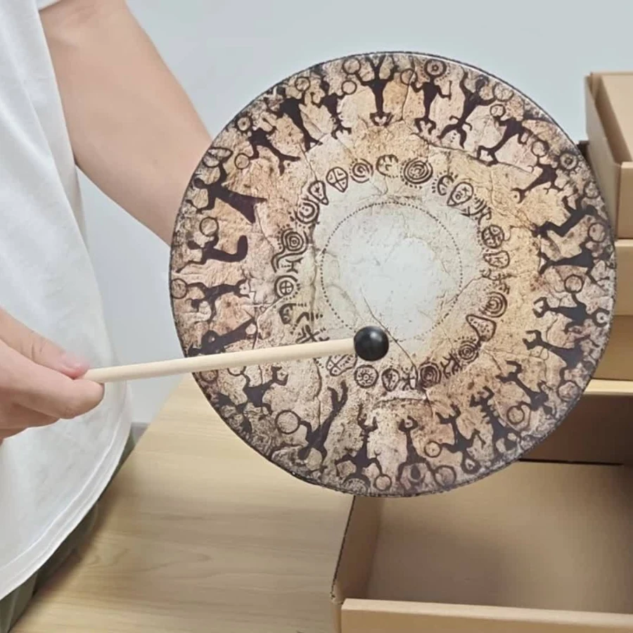 Viking Cave Drum with Handle Shamanic Rock Art Sound Healing Drum Vintage Tribal Design for Meditation Energy Healing  Gift