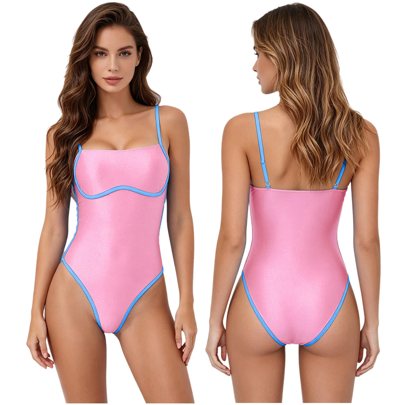 Women Gymnastics Bodysuit Color Blocking  Adjustable Straps Swimwear One Piece Bathing Suit for Beach Vacation