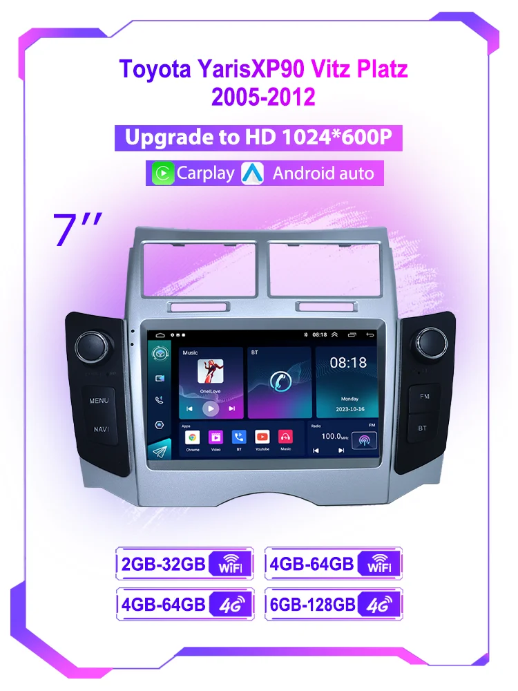 7 inch Auto Multimedia Speler voor Toyota Yaris XP90 Vitz Platz 2005-2012 2DIN Android GPS Navigatie Carplay auto Stereo Head Unit - afbeelding 2