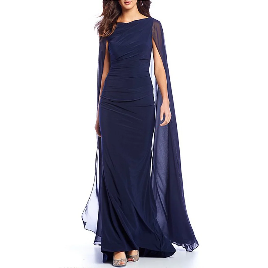 

Elegant Navy Blue Long Mother of the Bride Dress Ruched Bodice Bateau Flowing Cape Draped Perfect for Wedding Event Guest Gowns