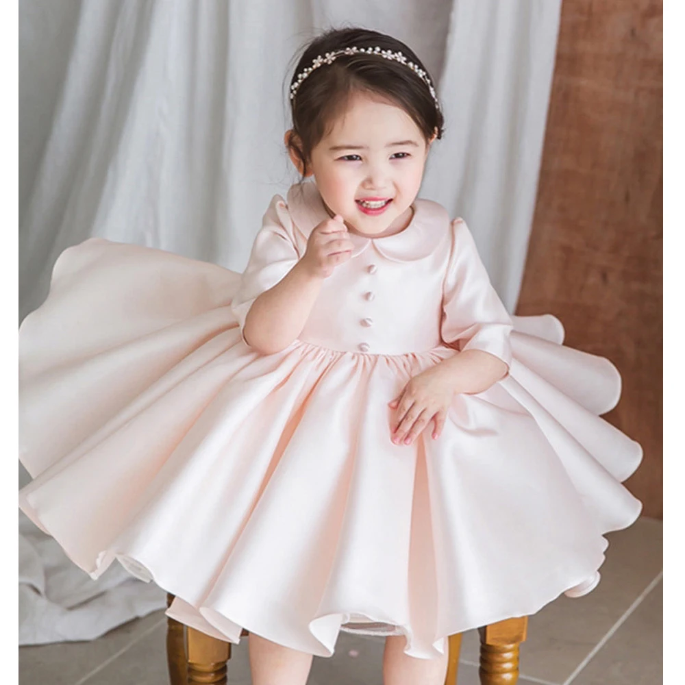 Gorgeous Pink White New Spring Summer Autumn Long Sleeve Peter Pan Collar 1 to 7 Year Birthday Party Baby Girls Princess Dress