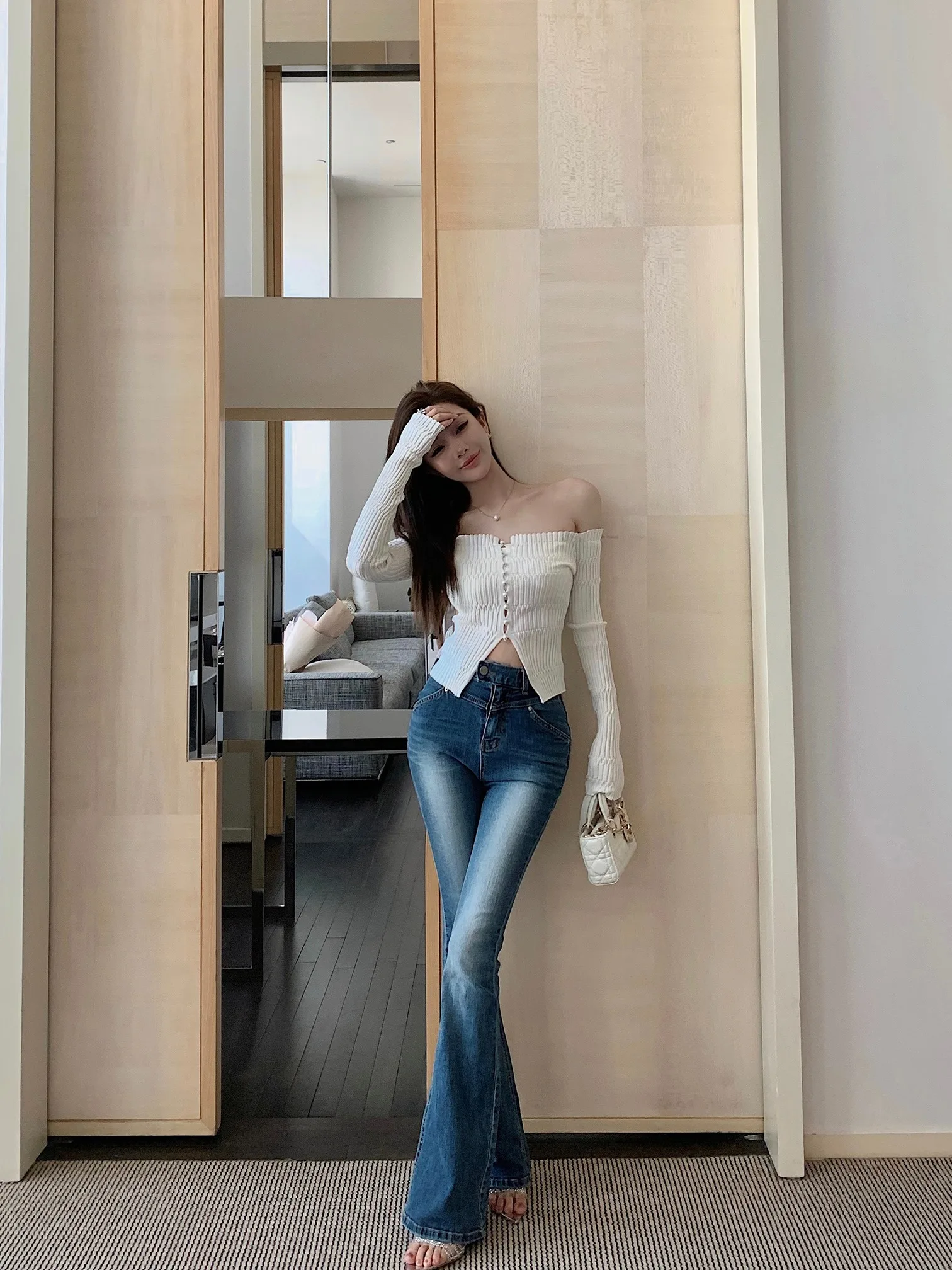 

High Waist Stretchy Slimming Micro Flared Jeans Women's Denim Blue Cotton Elastic Waisand Full Hip Enhancing Long Trousers