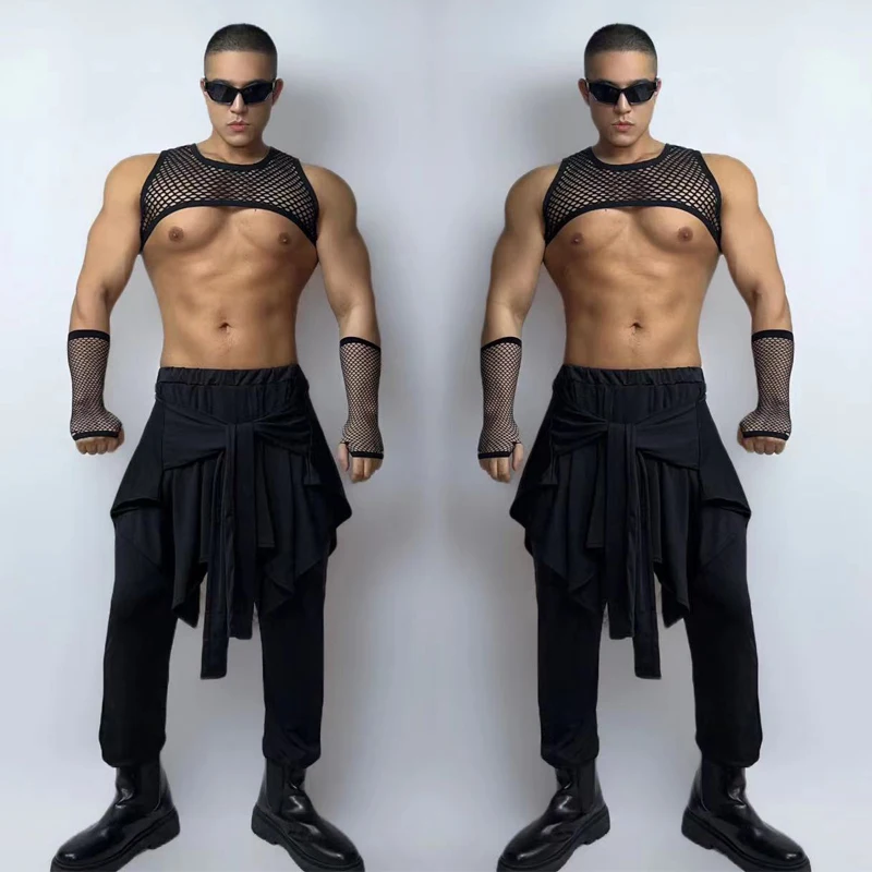 Muscle Man Pole Dance Clothing Bar Nightclub Dj Ds Gogo Dancer Costume Men Black Mesh Top Jazz Pants Stage Rave Outfit XS6480