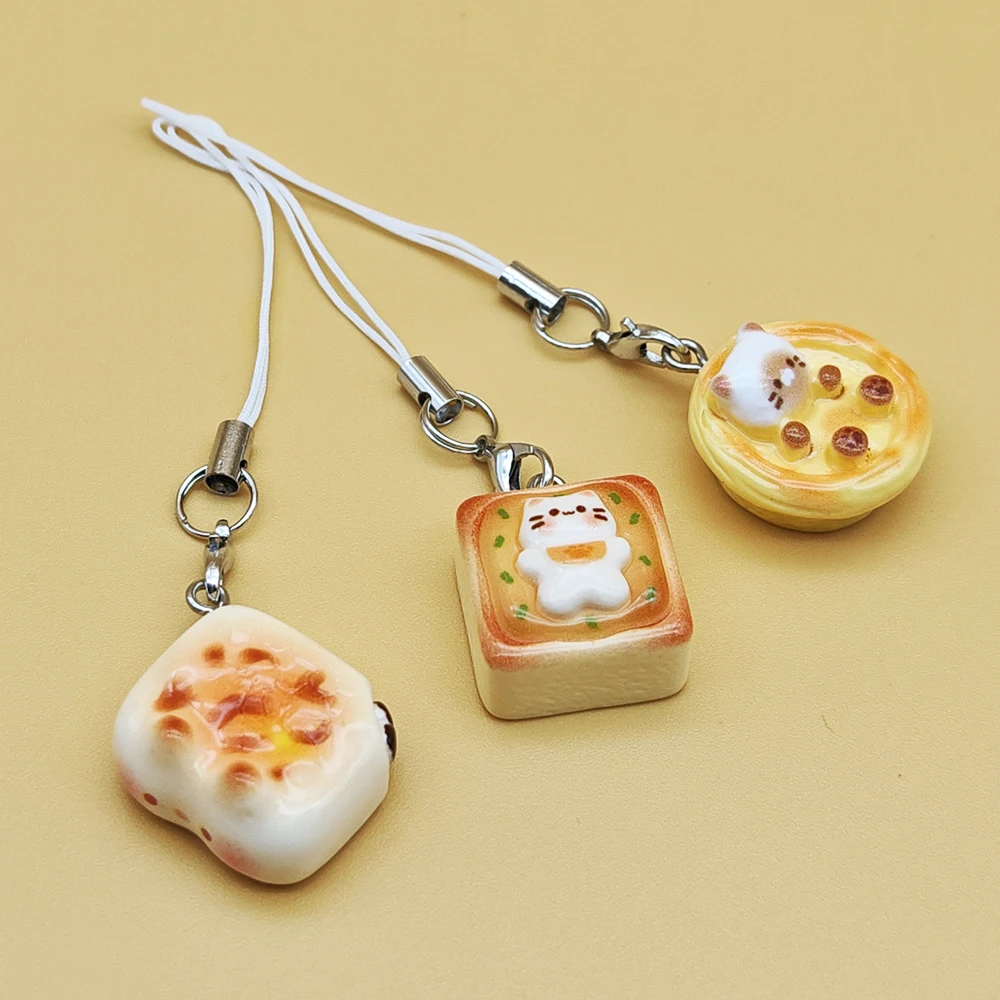 3pcs Set Japanese Style Cute Cat Bread Phone Charms Kitten Toast Keychains Kawaii Lanyard Pendant for Bags Perfect Gift