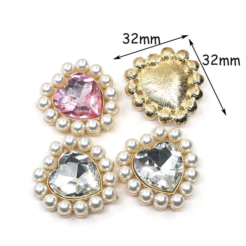 5Pcs/Batch 32mm Heart Shaped Pearl Alloy Decorative Buttons Buttons DIY Gold Plated Ornament Clothing Skirt Ornament Accessories