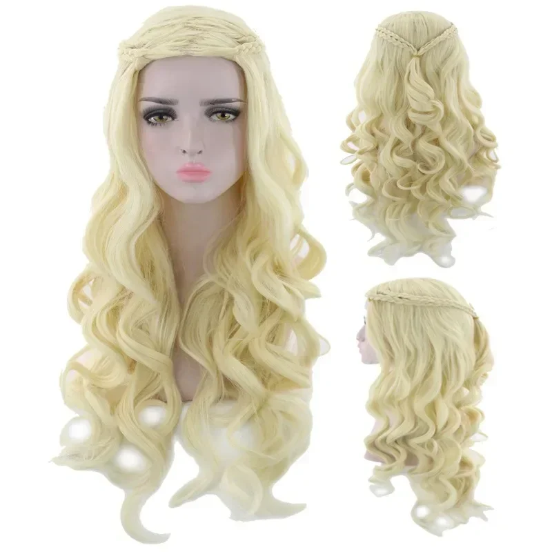 Synthetic Cosplay Wig Daenerys Targaryen Silver Long Curly Weave Gold Headpiece Halloween Party Fancy Dress