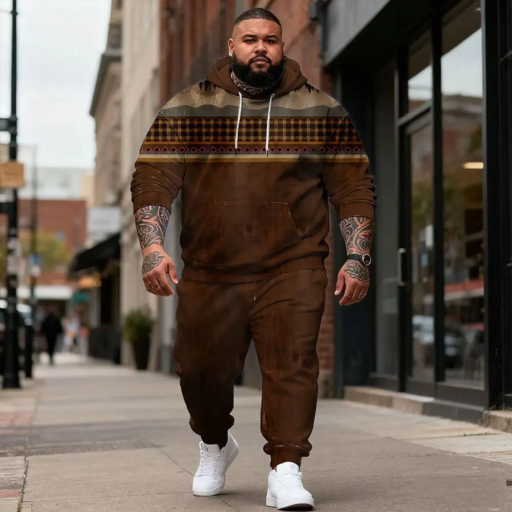 

S-9xl Модный мужской комплект с капюшоном в этническом стиле больших размеров — прочный наряд свободного покроя для парней больших размеров,