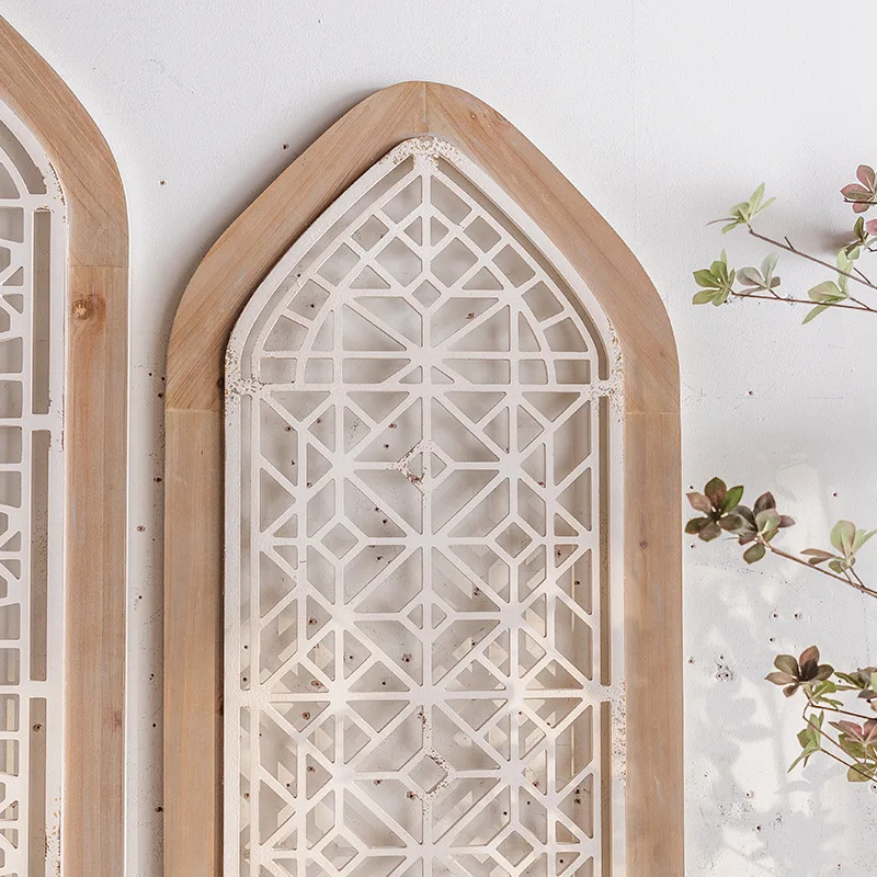Sofa background wall decoration log color bedroom bedside pendant pastoral grid bed and breakfast wood carved wall decoration