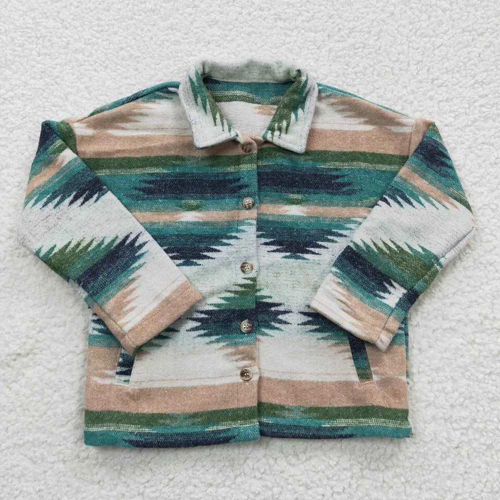

Newborn Baby Blouse Western Green Aztec Bodysuit Girl Boy Button Down Infant Long Sleeve Shirt Toddler Children Pocket Clothes