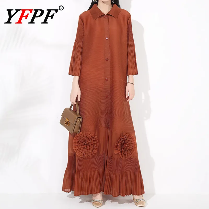 

YFPF Fashion Miyake Pleated Design Long Dress For Women Lapel 3D Floral Spliced Button Party Dresses Loose 2025 New 3A384
