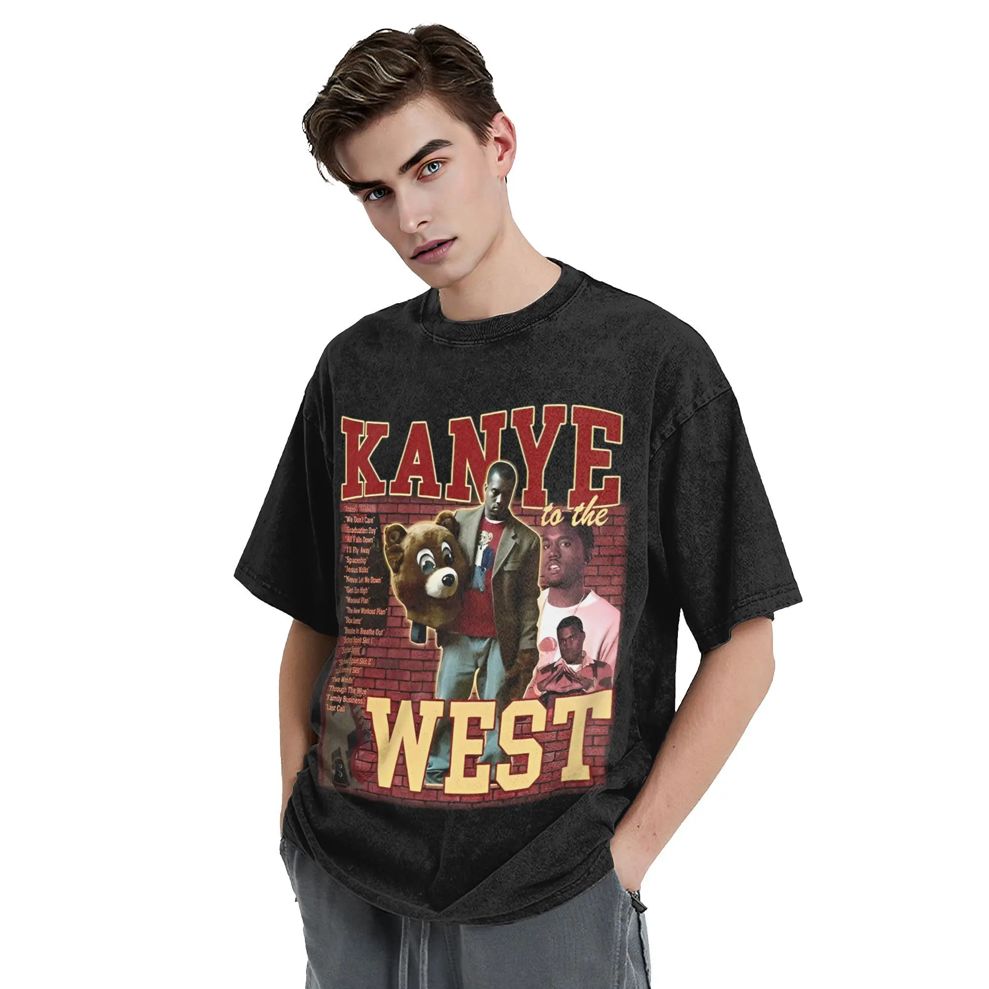 Washed T Shirts Kanye West Hip Hop T-Shirts Street Rapper Record Producer Streetwear 100% Cotton Printed Tops Tees Men Women