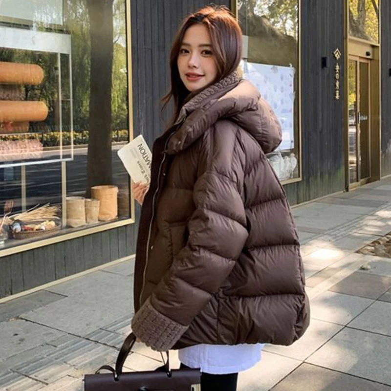 Parkas con capucha marrones americanas Vintage para mujer, ropa de calle de invierno, chaqueta de pan con cuello levantado, abrigos de algodón con cremallera para mujer