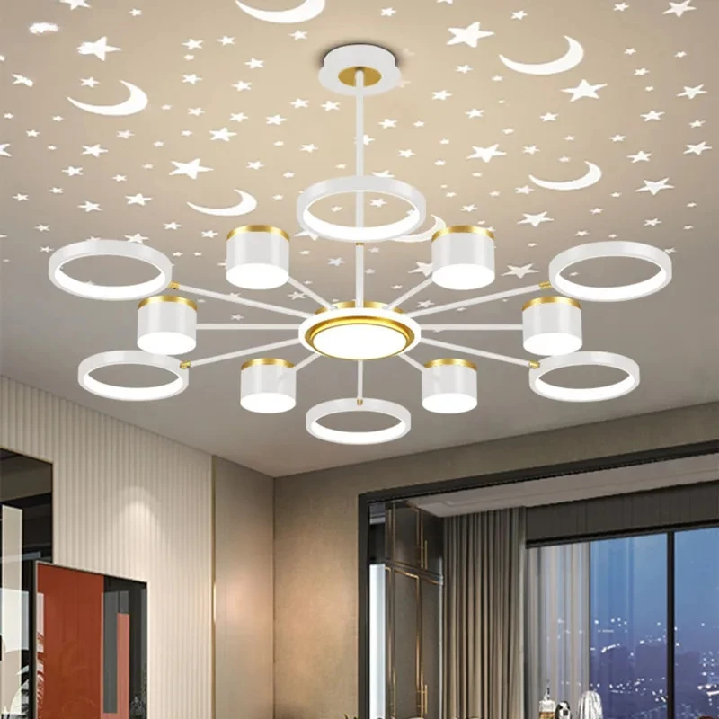 

New Chandeliers Romantic Starry Modern Ceiling Light Fixture 6 Lights White Creative Home Interior Stepless Lamp