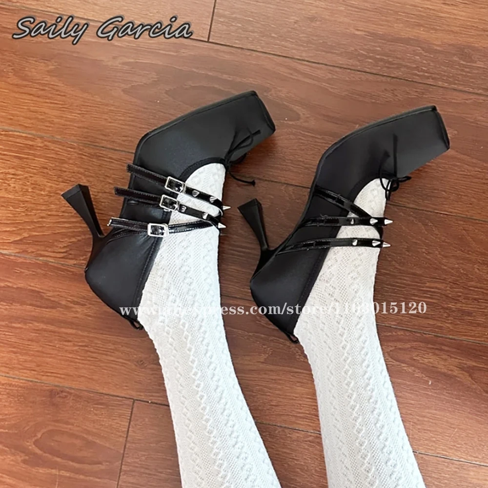 

Silk Butterfly Knot Metal Rivet Belt Bucke Strap Sandals 2024 New Fashion Mid Heel Pumps Square Toe Shallow Sexy Women Sandals