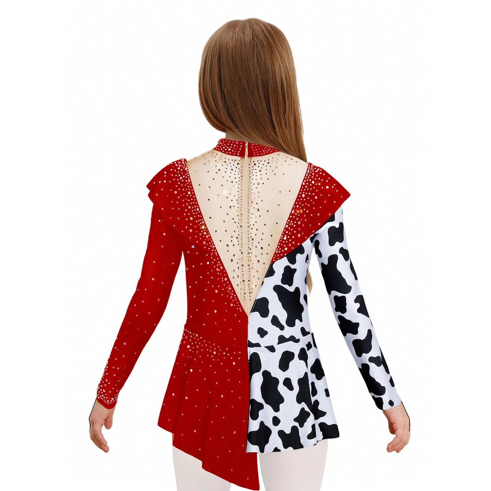 فستان بناتي للتزلج على الجليد والجمباز وأداء الرقص بأكمام طويلة وطبعة بقرة من حجر الراين لحفلات الهالوين