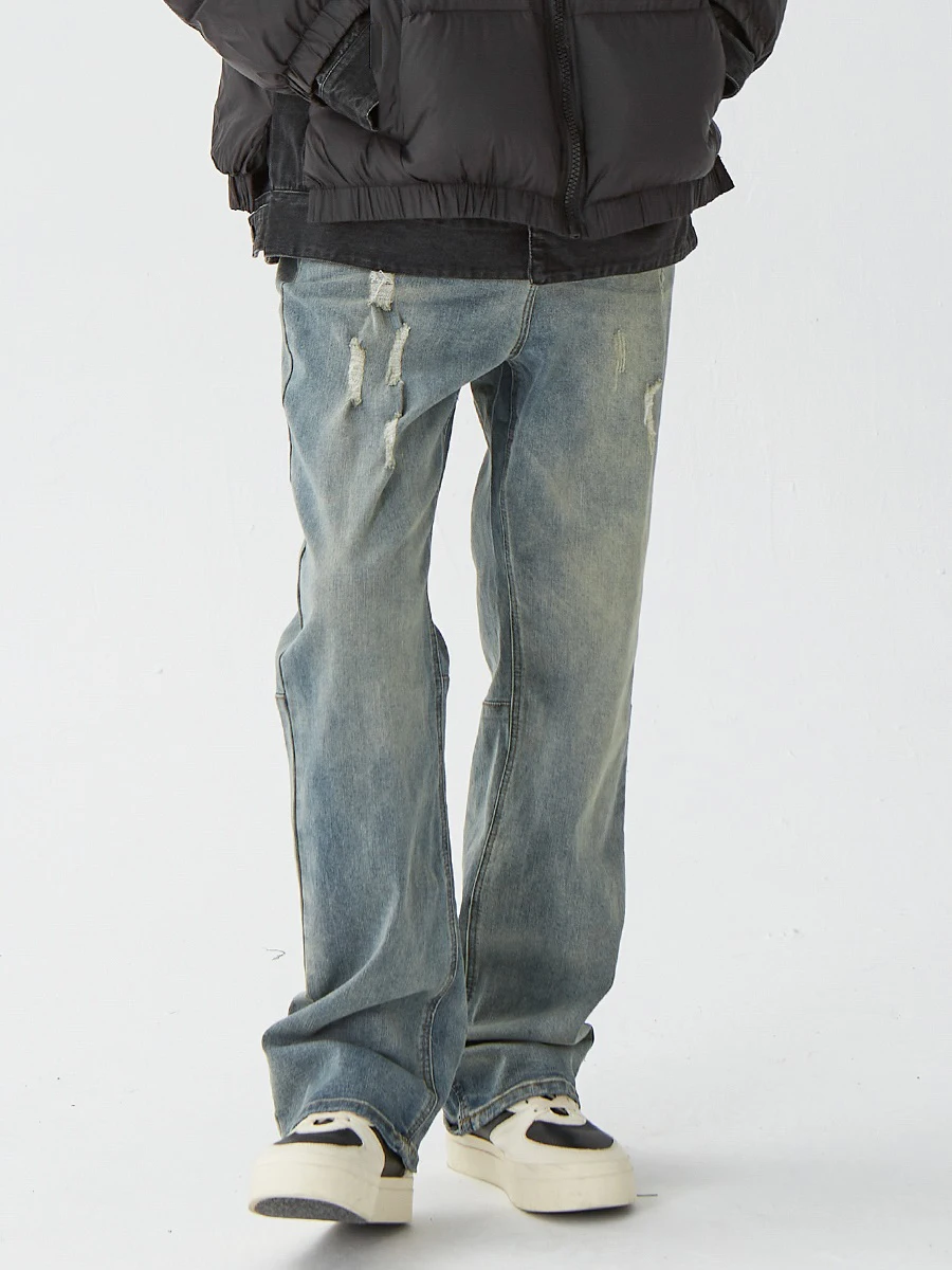 

Retro American High Street Blue Hole Denim Jeans Men's Waed Casual Loose Wide Leg Straight Cut Trousers Street Sle