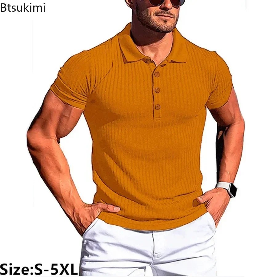 

2025 Men's Summer Fitness Sport Breath T-Shirt Solid Striped Short Sleeve Polo Shirts Fashion Casual Slim Bottoming Tops for Men