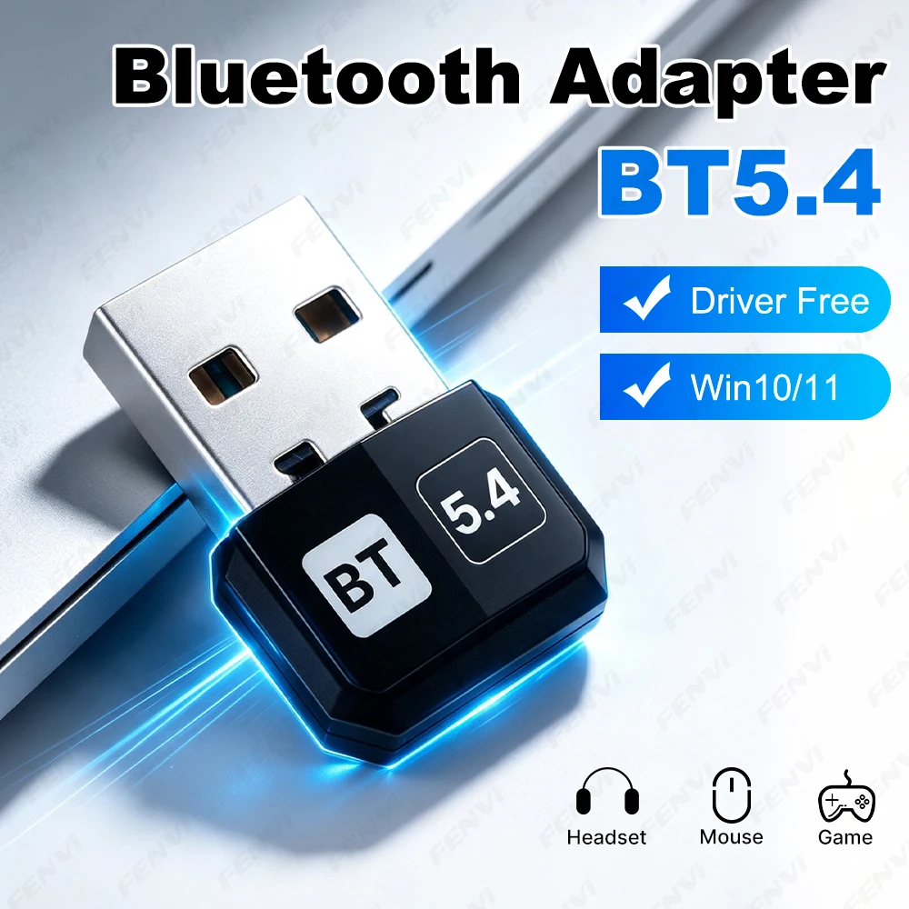 Bluetooth 5.4 USB Adapter Driver Free Wireless Dongle Connect Headset Mouse Keyboard Game Controller for Win 10/11 PC Laptop