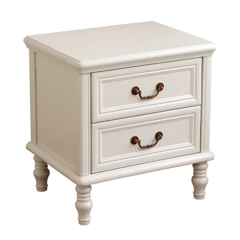American-style Solid Wood Carved Antique Brass Handle Retro Bedside Table with 2 Drawers for Storage, Suitable for Bedrooms