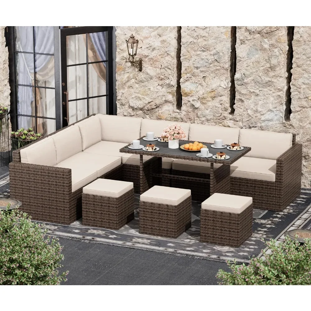 Conjunto de muebles de exterior para Patio, sofá Seccional de ratán PE para todo tipo de clima con cojines y mesa, 7 piezas