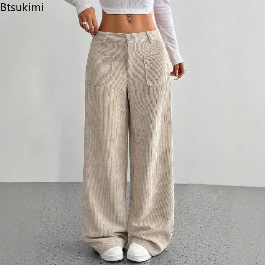 

New 2025 Spring Autumn Women's Loose Wide Leg Pants Solid Color Low Waist Front Rear with Pocket Pants Fashion Casual Trousers
